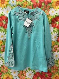 BOB MACKIE WEARABLE ART Teal Tunic Top Metallic Embroidery Medium New - Picture 1 of 4