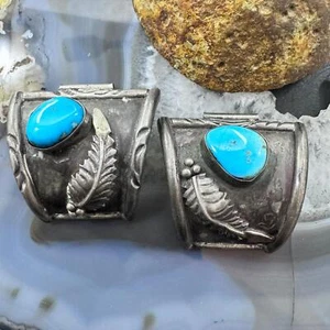 Native American Vintage Silver 2 Natural Turquoise Decorated Watch Band Tips - Picture 1 of 8