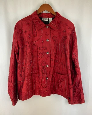VTG Chico's XL Size 3 Red Silk Beaded Embroidered Jacket Button Up Paisley 90s - Image 1 of 4