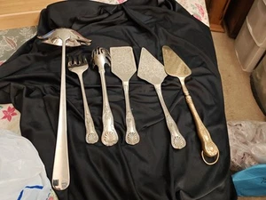 Lot Of 6 Pieces Silverplate,Stainles Steel And Brass Servers, No Marks Preowneds - Picture 1 of 12