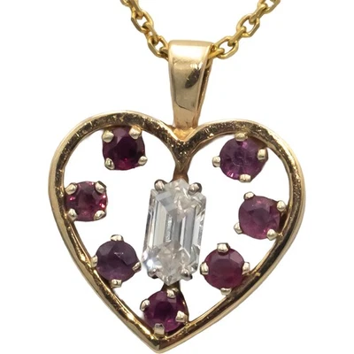 Ожерелье с подвеской в виде сердца из желтого золота 14 карат с бриллиантами и рубинами огранки 0,70 карата - Изображение 1 из 4