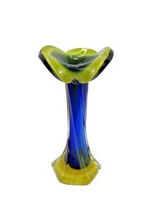 Jack-In-The-Pulpit Art Glass Murano Style Cased Glass Bud Vase Blue and Yellow - Picture 1 of 6