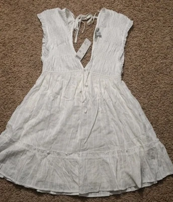 Urban Outfitters Deep V Neck White Dress Mini Short Wavy Womens Large NWT $59 - Image 1 of 4