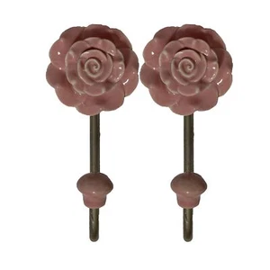 Set of 2 Wall Mounted Rose Flower Ceramic Hooks 5.5" Pink Decorative - Picture 1 of 6