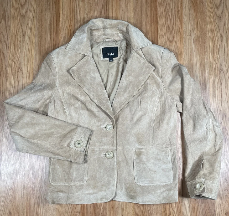 Mossimo Blazer Jacket Womens L Large Beige Genuine Suede Leather Lined Shirt - Image 1 of 4