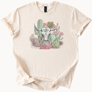 Desert Cow Skull Shirt Cactus Graphic Tee Western Boho Floral Beige Shirt - Picture 1 of 4
