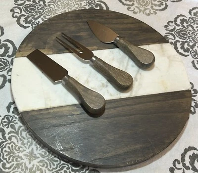 Tábua de queijo/tábua de corte de mármore e madeira com 3 utensílios correspondentes 10” pesada - Imagem 1 de 4