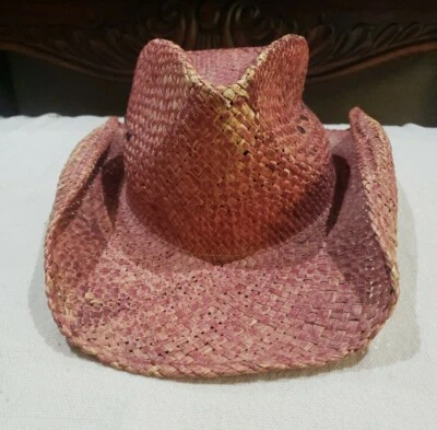 Chapéu de palha vermelho fivela cowboy desgastado usado BKE67  - Imagem 1 de 4