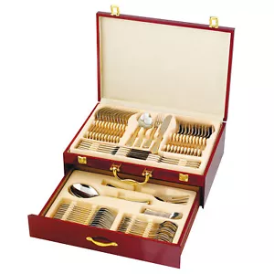 Besteckkasten Holz Besteckset 75 tlg12 Personen Edelstahl Bicolor Gold Mäander - Bild 1 von 12