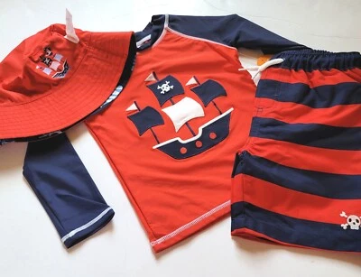 Gymboree 男孩 3T 游泳防晒短裤帽子套装航海海海盗游泳套装泳装 — 第 1/3 张图片