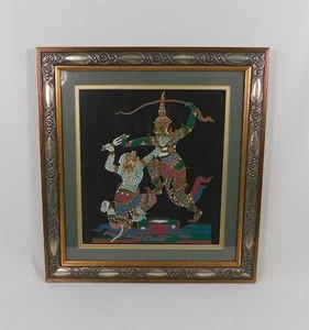 Vintage Painting On Silk Thai Asian Warriors Battling Wall Art Framed 16" Square - Picture 1 of 4