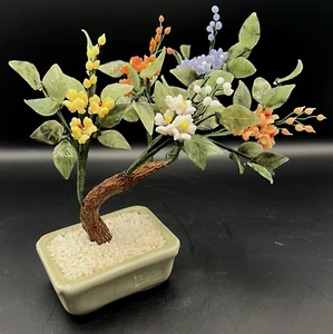 Vintage Bonsai Baum Jade Glas Japanisch Orientalisch Blumen Blüte Keramik Topf - Bild 1 von 10