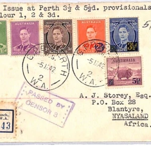 AUSTRALIA 1942 FDC (Perth)** 3½d 5½d Provisionals WW2 Reg Censor NYASALAND YM257 - Picture 1 of 9