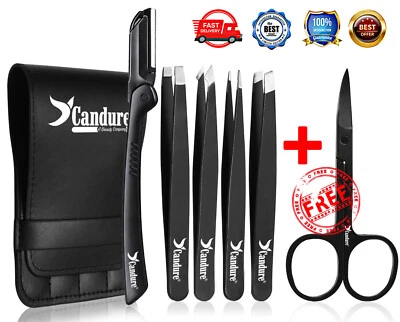 CANDURE Tweezers Set Eyebrow Pointed Tip Stainless Steel Tweezerette Hair Pluckers +Case