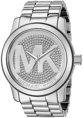 Nuovo Michael Kors Runway Color Argento, Cristallo a Pavé, Logo, Grande Orologio - Immagine 1 di 3
