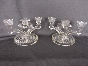 Jeannette Glass Cosmos Candlelabra Pair Clear Crystal Triple Candle Holder VTG - Picture 1 of 3