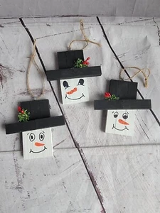 Hand Made Lot 3 Wooden Handpainted Snowman Ornaments New - Picture 1 of 6