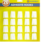 New 20 Self Adhesive Hook White Plastic Strong Stick On Wall Door Hooks - 1 Pack