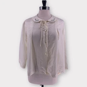 NWT VTG 1980s Barbizon Fairy Kei Coquette Cream Embroidered Satin Button Top L - Picture 1 of 12
