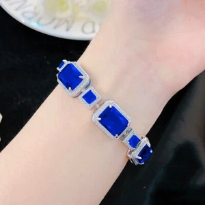 New Rectangle Royal Blue Topaz Charm Gemstone Silver Women Luxury Bracelets - Picture 1 of 6