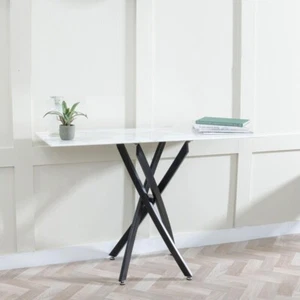 Modern White Glass Console Table with Black Metal Legs – Hallway Accent 120cm - Picture 1 of 10