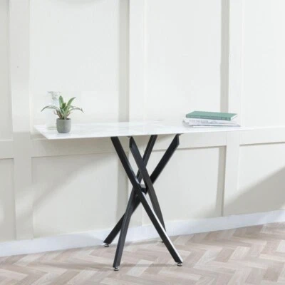 Modern White Glass Console Table with Black Metal Legs – Hallway Accent 120cm - Image 1 of 4