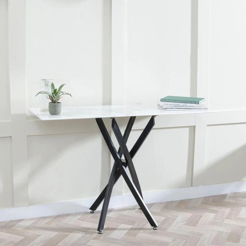 Modern White Glass Console Table with Black Metal Legs – Hallway Accent 120cm - Image 1 of 4