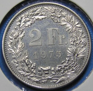 Switzerland 2 Francs Copper-Nickel Coin 1975 Choice UNC KM-21a.1, Combined S/H - Picture 1 of 4