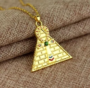 Egyptian Ankh Cross Pyramid Gold Necklace, Protection Talisman Amulet - Picture 1 of 8