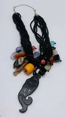 Collar de peces vintage de ónix negro púrpura amatista caramelo ámbar llamativo Foto 1 de 4