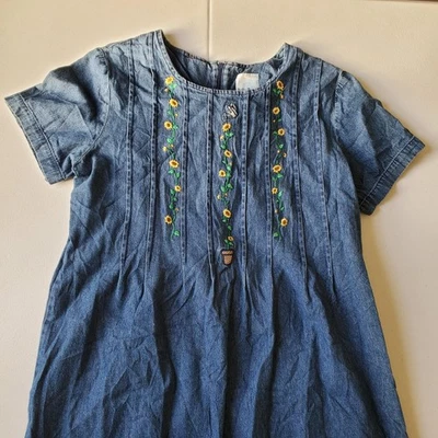 Vtg 90s Dress Womens Large Blue Denim Sunflower Embroidered Floral Short Sleeve - Image 1 of 4
