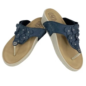 FLY FLOT Blue Suede Flower Sandals Flip Flops 39 Wedge 1.75" Heel Adjustable - Picture 1 of 14