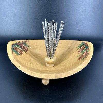 Vintage Wood Nut Bowl Pinecones Hand Painted With Nut Cracker Pick Tools Signed - Image 1 of 4