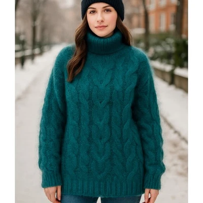 Suéter Vintage Express Mohair Tejido a Mano Verde azulado difuso Años 90 Gran Tamaño Acogedor M Y2K Foto 1 de 4