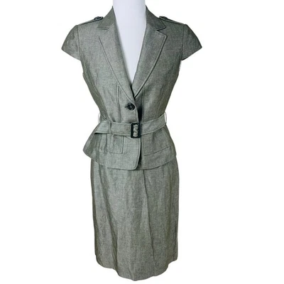 Traje Falda Tahari ASL Pequeña Talla 4P con Cinturón Blazer Chaqueta Gris Lino Carrera Foto 1 de 4