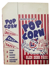 Glen Echo Park scatola popcorn vintage clown NOS originale mai usato cartone a righe - Foto 1 di 5