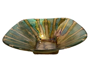 Vintage Quadrifoglio Art Glass Metallic Green & Gold Glitter Square Bowl - Picture 1 of 6