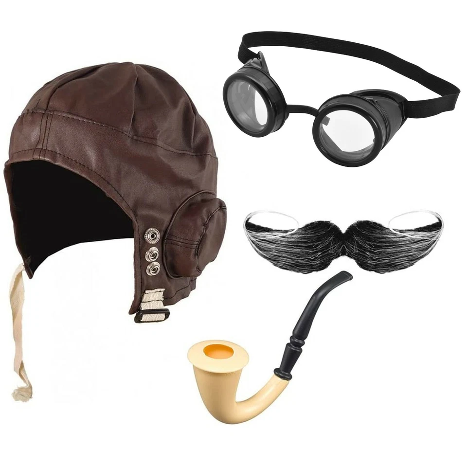 ROCKING PARTY Pilot Aviation Fancy Dress Set Unisex (Brown Cap, Googles, Moustache & Pipe)