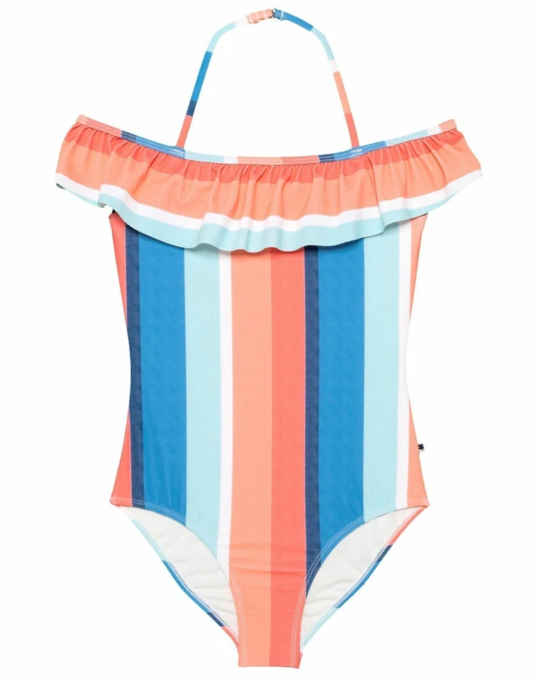 $77 Lucky Brand Swim Girls Orange Blue Striped Ruffled One-Piece Swimsuit Size L - Image 1 of 1
