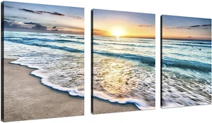 3 Panel Blue Sea Sunset Canvas Wall Art Ready to Hang for Home Decor - Picture 1 of 12