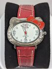 Vintage Hello Kitty Womans Silver Tone Case Red Leather Band Watch 7.5 Inch