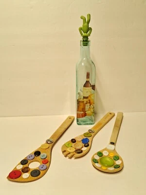 Buttoms Art  Spoon Set + Pretty Bottle Vinager Oil Decorative Hand Made - Image 1 of 4
