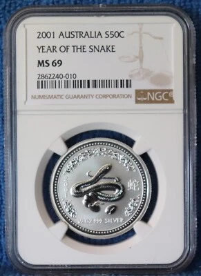 2001 ** 50c ** Australia Lunar ** Year of The Snake ** 1/2 Oz. ** NGC MS 69 - Image 1 of 2