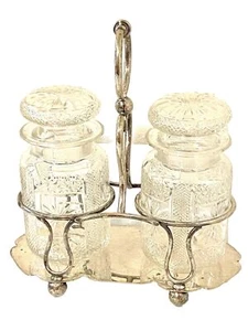 JBC&Sons Antique English Silver Plated Pickle Jar Holder W Cut Lead Crystal Jars - Picture 1 of 9