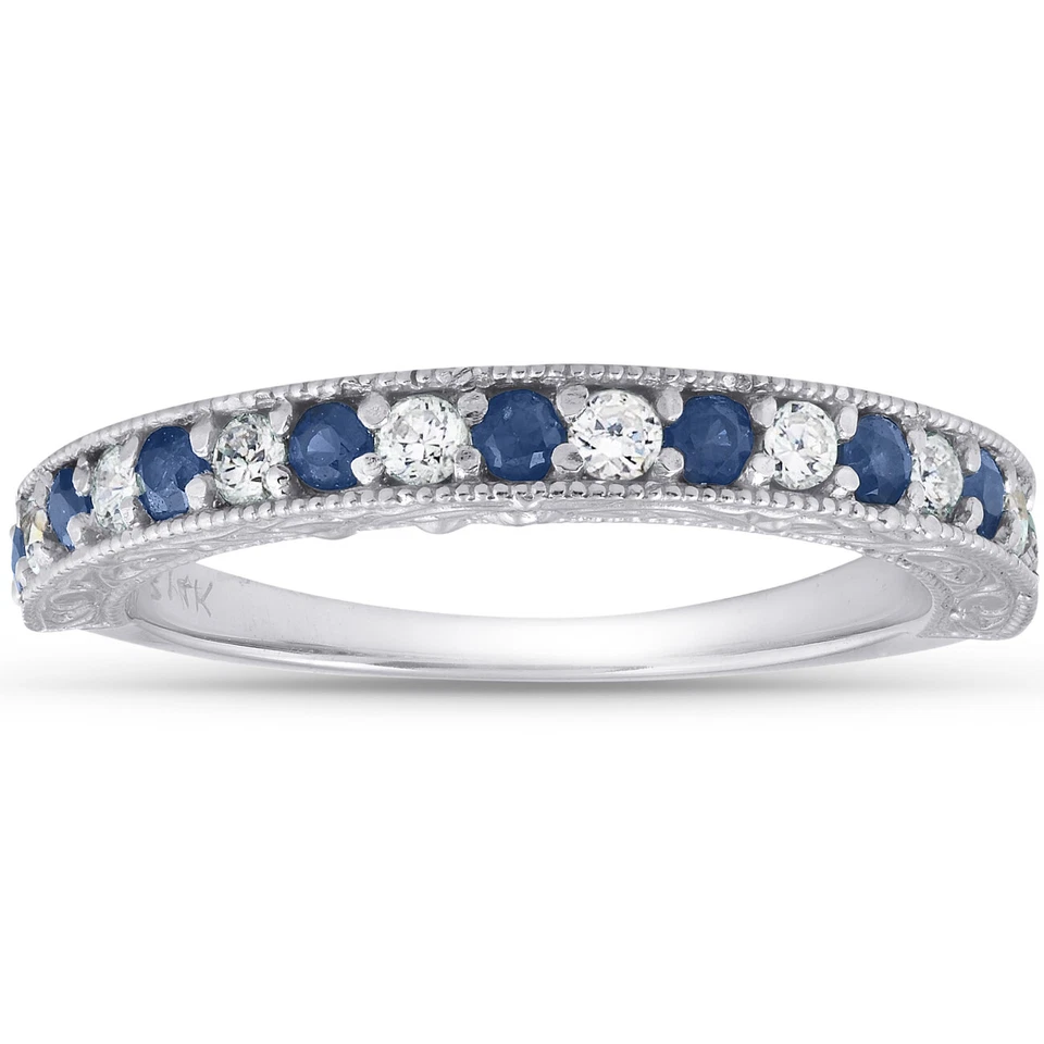 1/2Ct Blue Sapphire & Diamond Wedding Ring Anniversary Stackable Band White Gold - Image 1 of 1