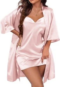 Women's Satin Robe Set Nightgown with Robes Silk Pajama Set 2 Pieces Lingerie - Picture 1 of 5