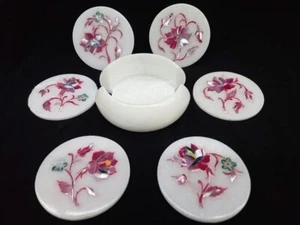 Juego de posavasos rosa mop en mármol blanco / posavasos de té para regalo corporativo para ella - Imagen 1 de 5