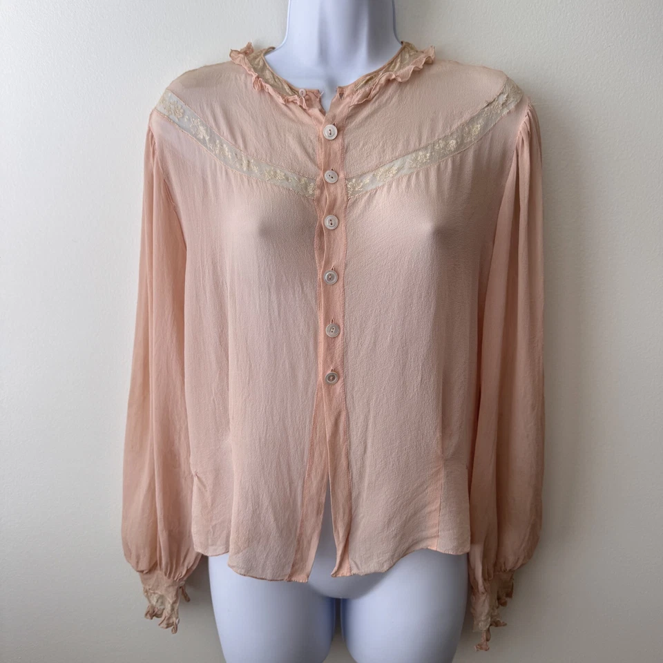 Antique 1920s Button Down Silk Lace Blouse Blush Pink Balloon Sleeve Flapper - Image 1 of 4