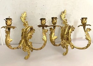 Antique Brass Candle Sconces French Style Leaves and Branches - Picture 1 of 10