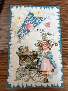 Vintage Guten Morgen Kinder Winter Postkarte geprägt unbenutzt antik 16A - Bild 1 von 2